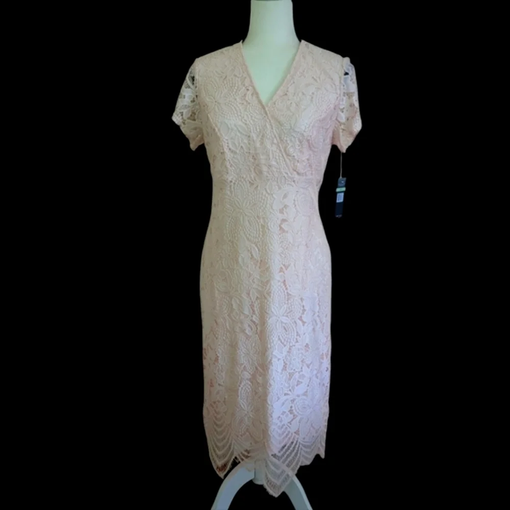NWT Sharagano NY Azalea Faux Wrap Floral Lace Scalloped Midi Dress 8 Pink Mirage - Picture 2 of 16
